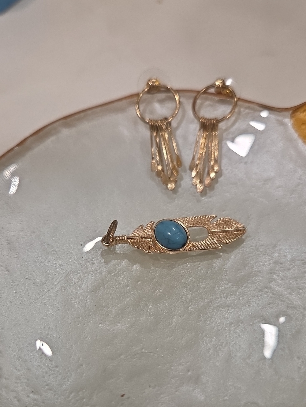 Earrings And Gold Feather Pendant with Blue Stone - Women Jewelry